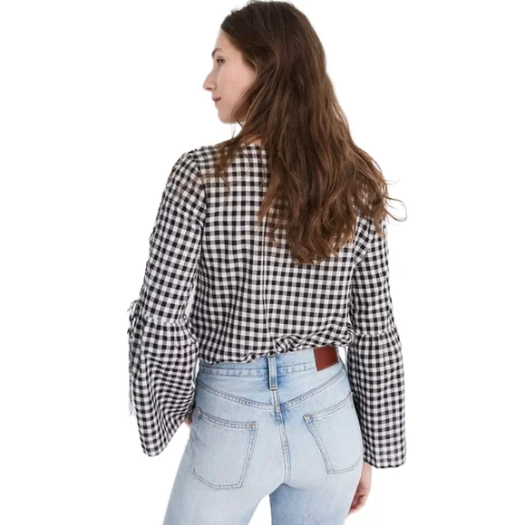 Madewell Gingham Lace-Up Black & White Plaid Bell Sleeve Top - Picture 4 of 9
